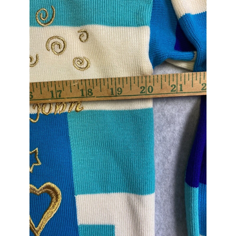 St‎ John Sweater Womens Small Blue Geometric Pullover Abstract Star Hearts Knit - Picture 8 of 12